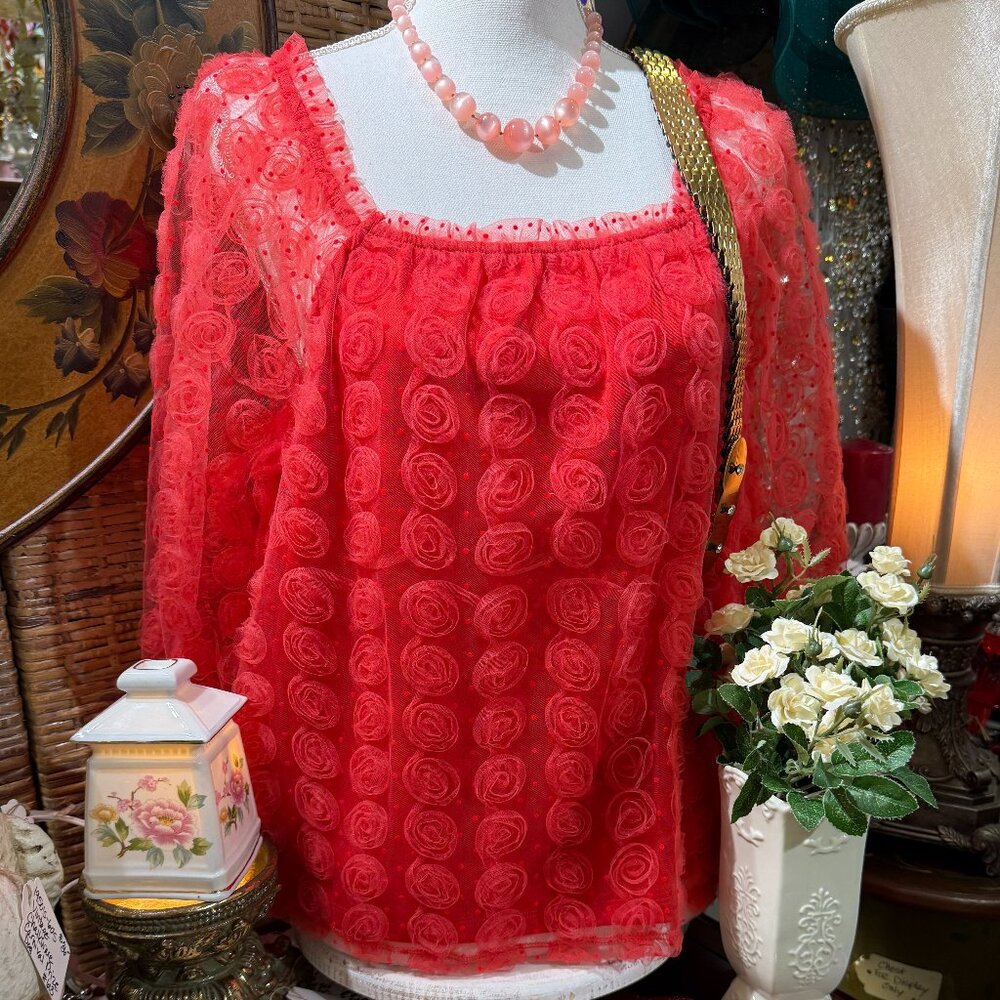 Cato Limited Edition Red Roset Ruffle Oversized Sheer Blouse M